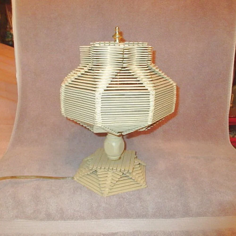 Vtg Popsicle Stick Table Lamp And Shade Wired Folk Tramp Art Boho MCM 60s Hippie